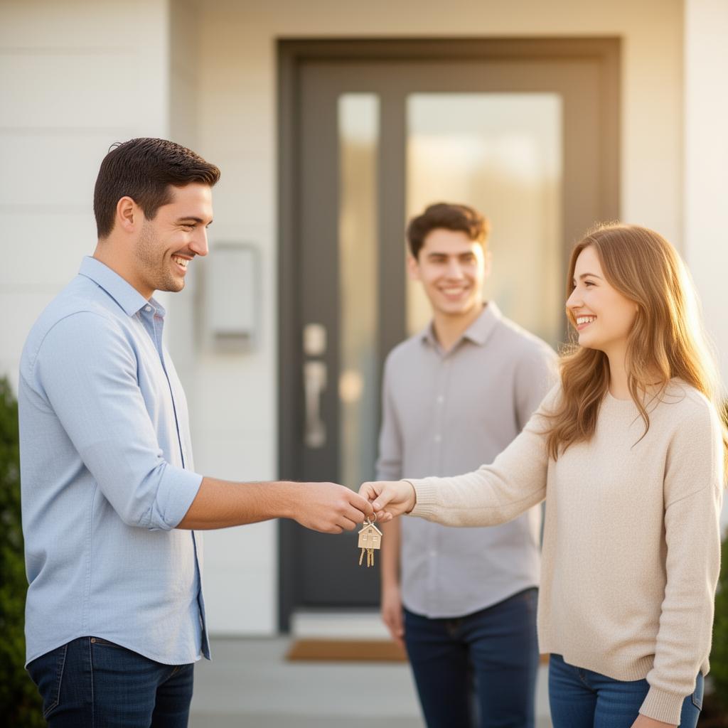 Landlord handing house keys to a happy young couple at a rental property